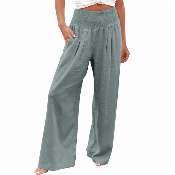 Women's Stretchy High Waist Wide Leg Pants Summer High Waisted Cotton Linen Palazzo Pants Wide Leg Long Comfy Loose Lounge Pant Trousers