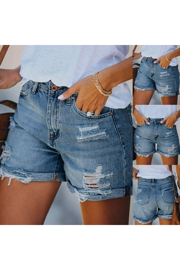 Women's Stretchy High Waisted Ripped Denim Shorts Trendy Distressed Cut Off Jean Shorts with Pockets Comfortable Fashion