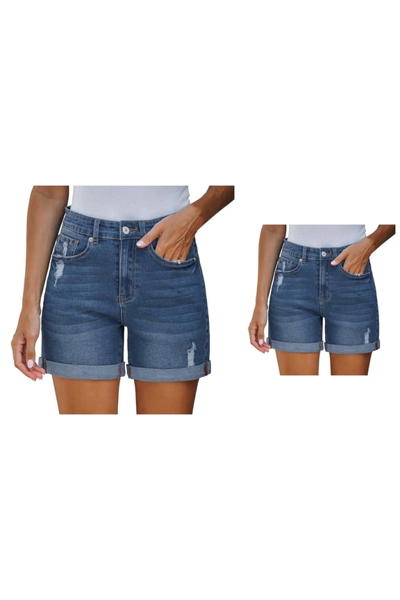 Women's Stretchy High-Waisted Ripped Denim Shorts with Pockets, Trendy Distressed Cut-Off Shorts