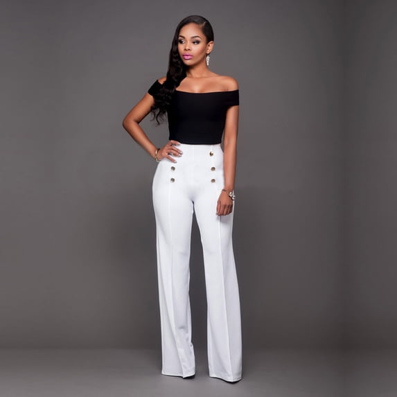 Women's Stretchy High Waisted Wide Leg Button-Down Pants Sailor Bell Flare Trousers