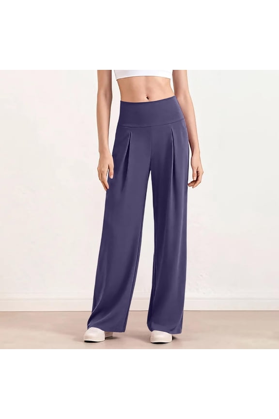 Women's Stretchy High Waisted Work Pants, Pleated Wide Leg Yoga Dress Pants, Straight Leg Pull On Comfy Pants for Casual Office, Lounge & Travel Purple XXL