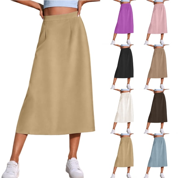 Women's Stretchy High Wasited A Line Long Maxi Skirt Below Knee Length Flared Midi Skirts Purple