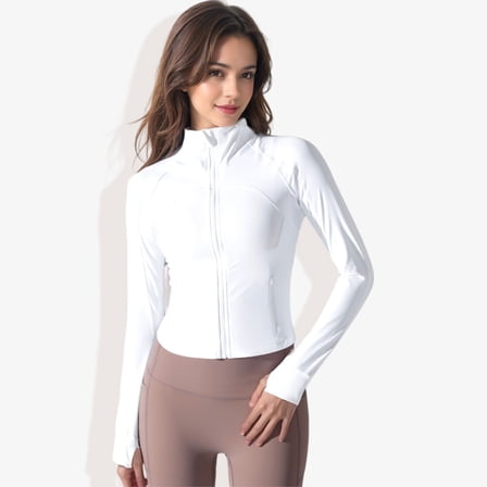 Women's Stretchy Long Sleeve High Neck Zip Pocket Sports Jacket-Medium, White