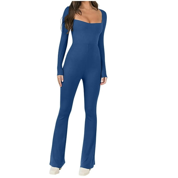 Women's Stretchy Long Sleeve Square Neck Jumpsuits Solid Outfits Clubwear Rompers Jumpsuits Bootcut Flare Pants