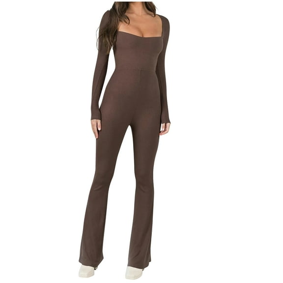 Women's Stretchy Long Sleeve Square Neck Jumpsuits Solid Outfits Clubwear Rompers Jumpsuits Bootcut Flare Pants