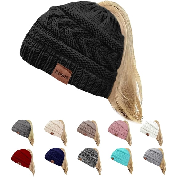Women’s Stretchy Ponytail Beanie Hat - Winter Warm Cable Knit High Bun Beanie, One Size Fits Most, Cover Ears for Outdoor Activities