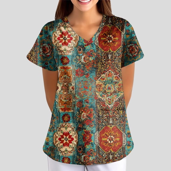 Women's Stretchy Printed Scrub Top V-Neck Short Sleeve Plus Size Medical Work Uniform with Pockets Ginger L