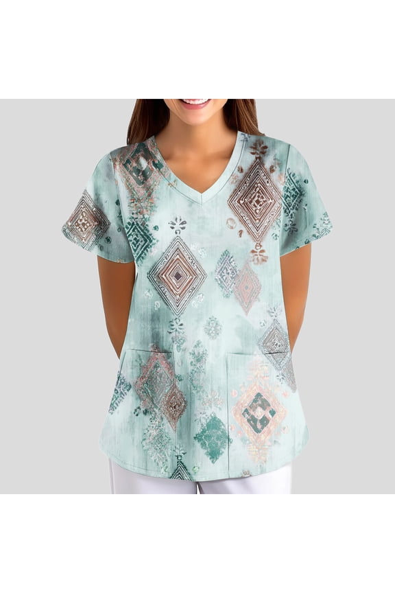 Women's Stretchy Printed Scrub Top V-Neck Short Sleeve Plus Size Medical Work Uniform with Pockets Multicolor L