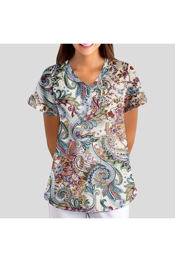 Women's Stretchy Printed Scrub Top V-Neck Short Sleeve Plus Size Medical Work Uniform with Pockets Purple 2XL