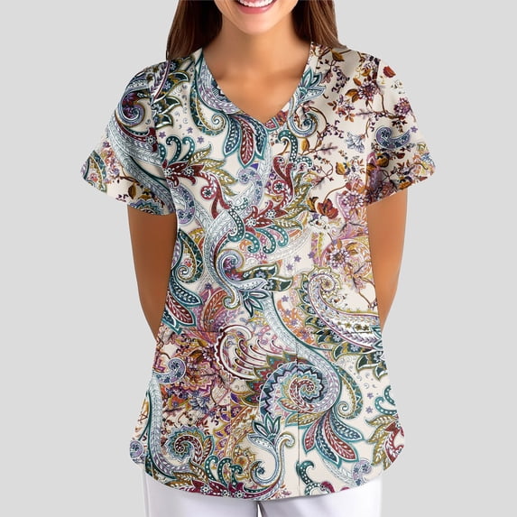 Women's Stretchy Printed Scrub Top V-Neck Short Sleeve Plus Size Medical Work Uniform with Pockets Purple 4XL