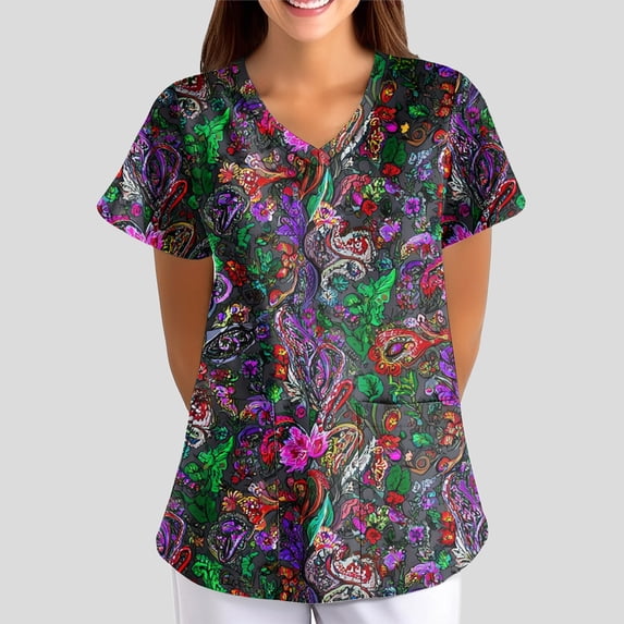 Women's Stretchy Printed Scrub Top V-Neck Short Sleeve Plus Size Medical Work Uniform with Pockets Vermilion M