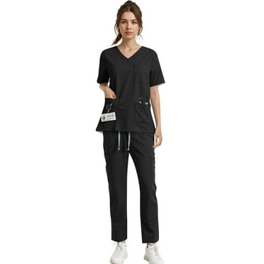 Women's Stretchy Scrubs Sets Nurse Working Uniform Suit Cross V-Neck Short Sleeve T-Shirts and Trousers Scrubs with Pockets 01-Black XL