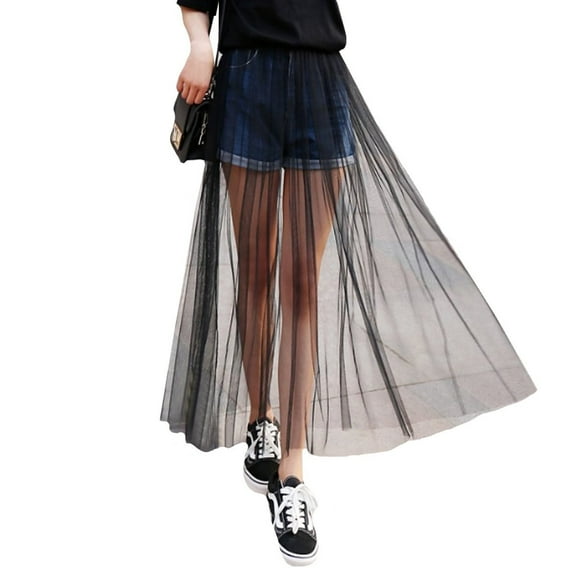 Women's Stretchy Sheer Mesh Long Skirt Tulle Maxi Skirt See Through Beachwear Bikini Cover Up Black