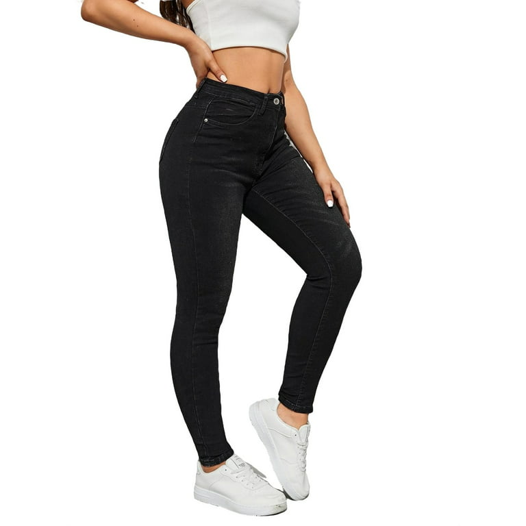 Women's Stretchy Skinny Jeans High Rise Denim Pants Black 