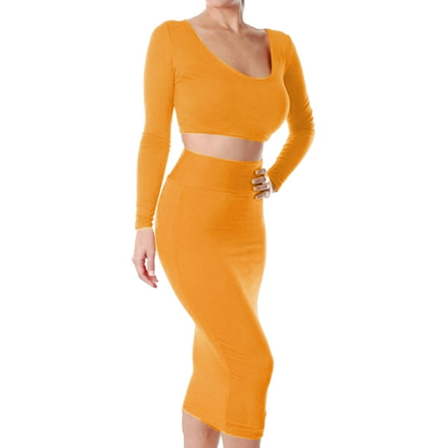 Women's Stretchy Slim Fit Belero Top w Straight Skirt Sets Orange (Size ...
