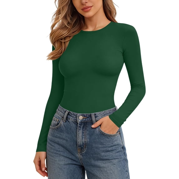 Women's Stretchy Slim Fit Long Sleeve T Shirts Crew Neck Basic Layering Casual Fall Plain Tops