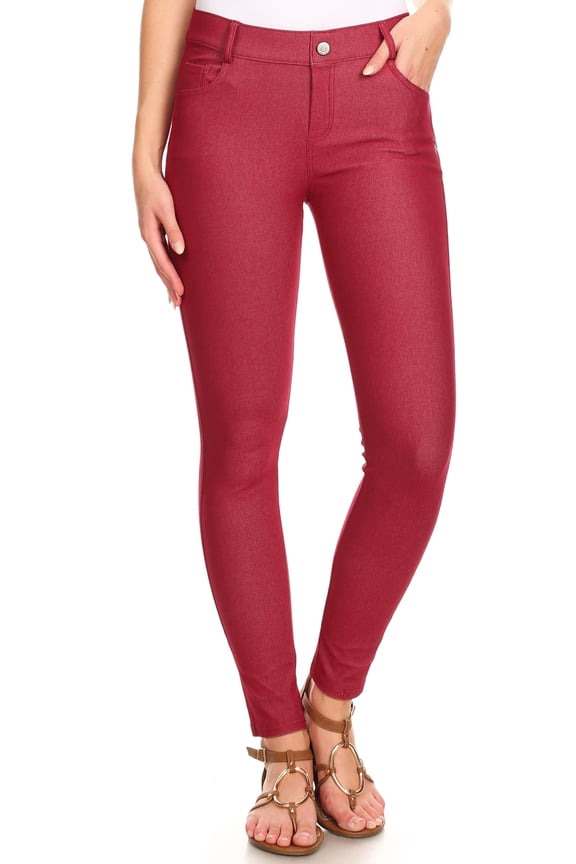 Women's Stretchy Slim Jeggings with 5 Pockets Cotton Blend, Burgundy Large