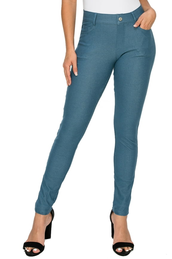 Women's Stretchy Slim Jeggings with 5 Pockets Cotton Blend, Teal Large