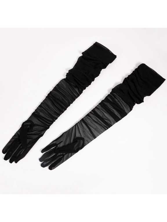 Women's Stretchy Super Long Tulle Gloves Ruched Mesh Sheer Gloves for Evening Hallowmas Opera Partyblack