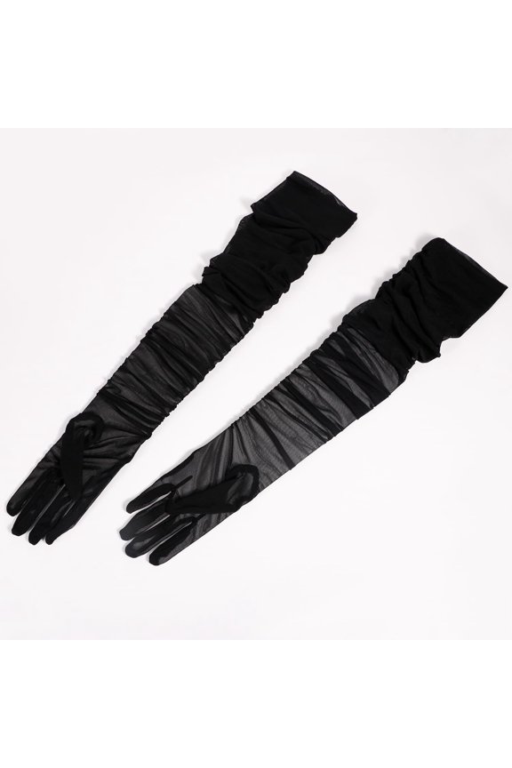 Women's Stretchy Super Long Tulle Gloves Ruched Mesh Sheer Gloves for Evening Hallowmas Opera Partyblack