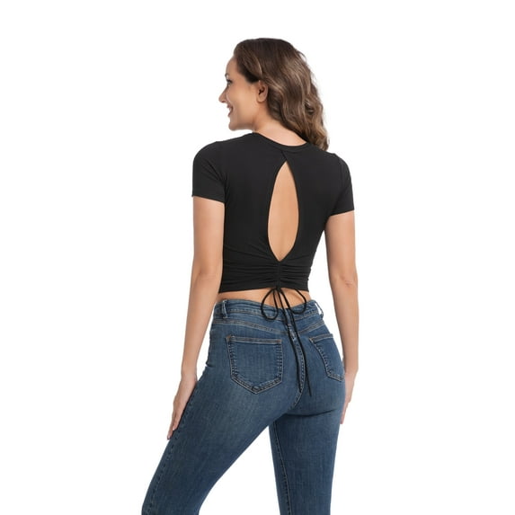 Funidos Women's Yoga Tops Stretchy T-Shirts Breathable High Elasticity Slim Fit Back Tie Gym Daily XS-XL