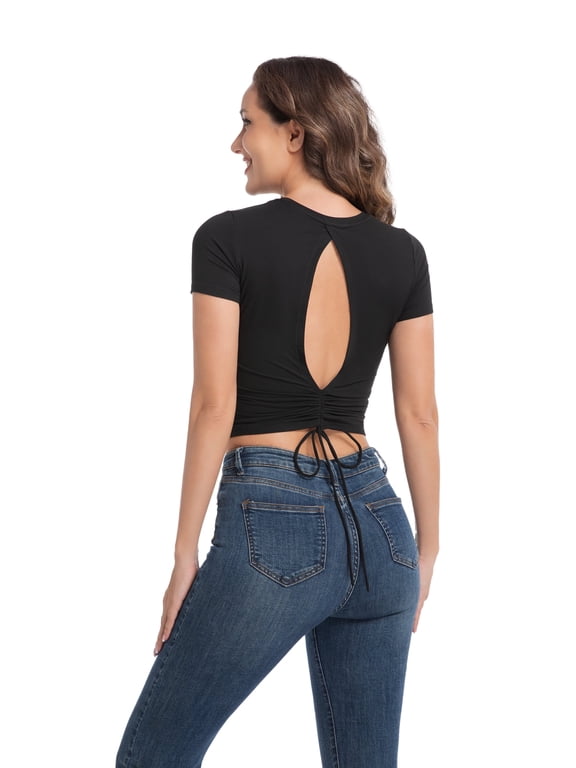 Women's Yoga Tops Stretchy T-Shirts Breathable High Elasticity Slim Fit Back Tie Gym Daily XS-XL