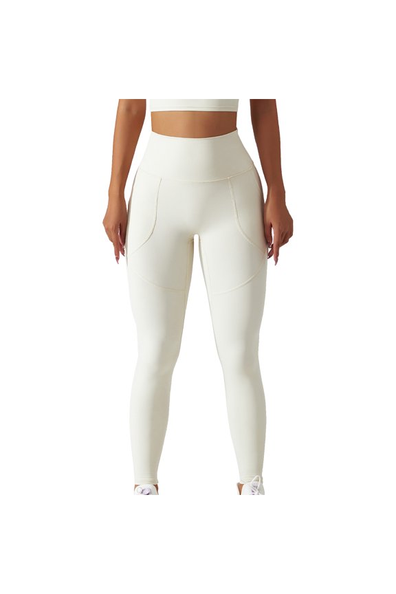Women's Stretchy Tummy Control Leggings with Hip Lift & Pockets for Fitness Creamy Cream-Colored High Waist Yoga Pants