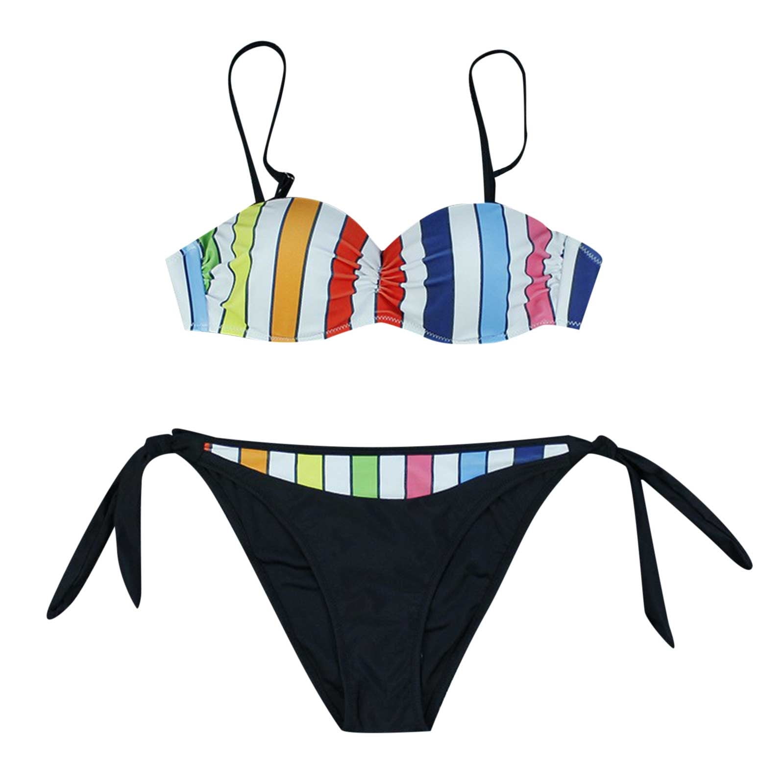 Women's String Bikini Set Rainbow Stripe Printed Bathing Suit Swimwear