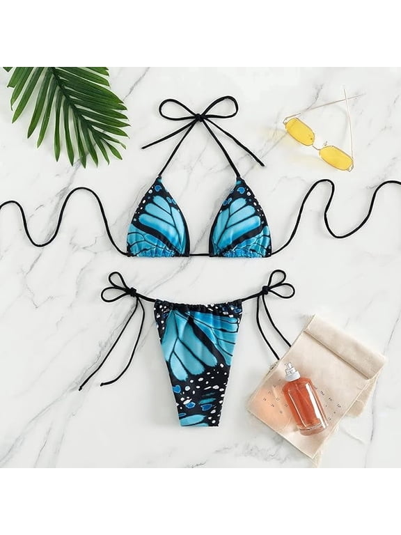 Women's Butterfly Print Halter String Bikini Set Deep V Two Piece Swimsuit