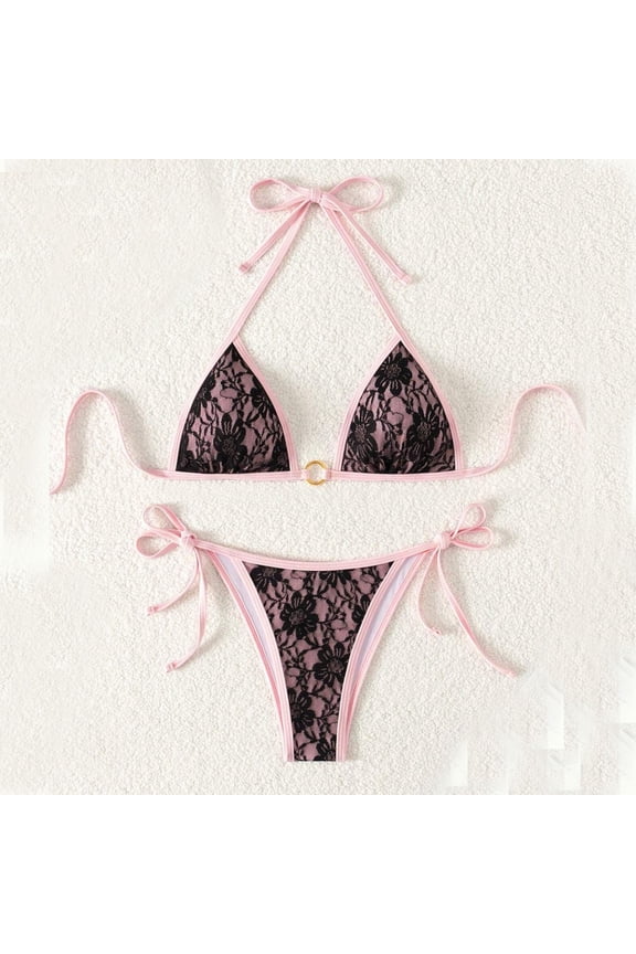 Women's String Triangle Bikini Sets Swimsuit 2 Piece Thong Bathing Suit with Side Tie Bikini Bottoms Pinky L