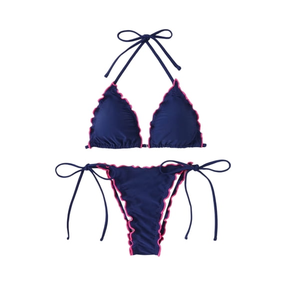 Women's String Triangle Bikini Two Piece Bikini Sets for Women Swimsuit Halter Top Bathing Suit (Navy,L)