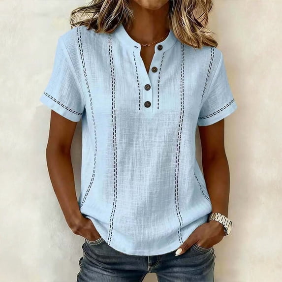 Women's Stripe Button V-Neck Fashion Casual T-Shirt Short Sleeve Regular Fit Spring Summer Daily Top Light Blue M