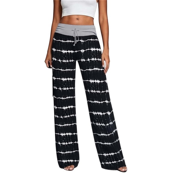 Women’s Stripe Casual Trousers - Elastic Waist Wide Leg Pants with Pockets - Loose Casual Home Loungewear Bottoms