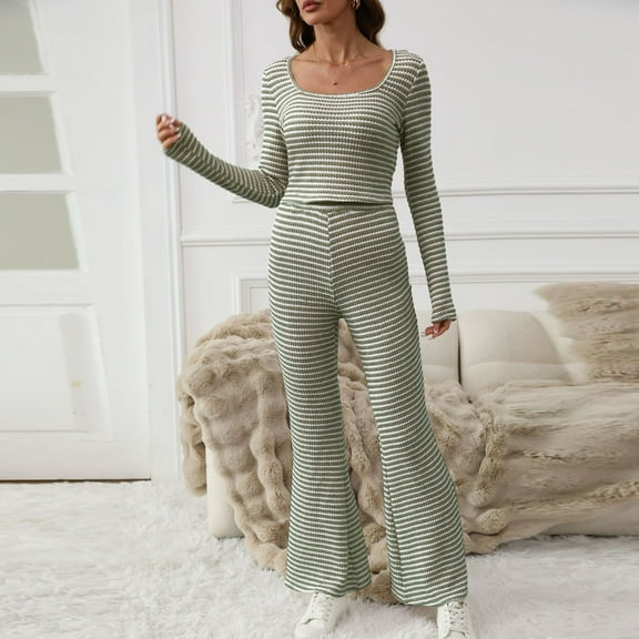 Women's Stripe Pajama Set with Round Neck Long Sleeve Blouse and Short Pants for Lounge Comfort