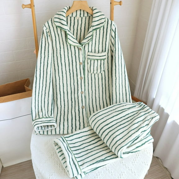 Women's Stripe Pajama Set with Turndown Collar Long Sleeve Blouse and Short Pants for Home Wear