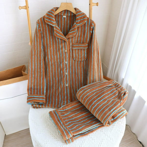 Women's Stripe Pajama Set with Turndown Collar Long Sleeve Blouse and Short Pants for Home Wear