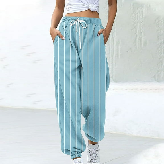 Women's Stripe Pants Elastic Waist Dreawstring Trousers Casual Jogger with Pockets Light Blue S
