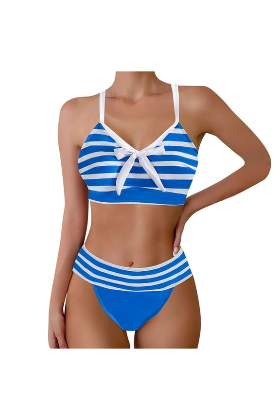 Women's Stripe Print Bikini Set, V Neck Bow Detail Top & High Waist Bottom Bathing Suit, Two Piece Swimsuit Set