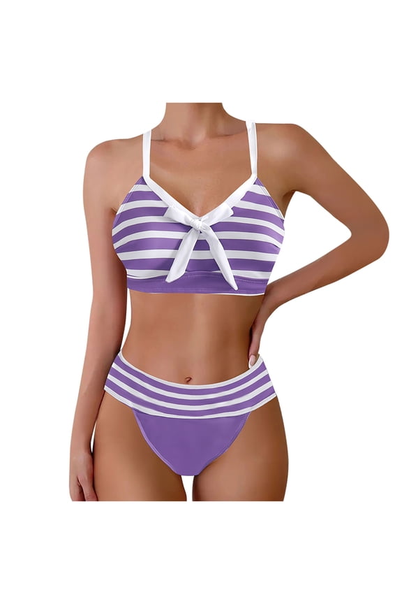 Women's Stripe Print Bikini Set, V Neck Bow Detail Top & High Waist Bottom Bathing Suit, Two Piece Swimsuit Set