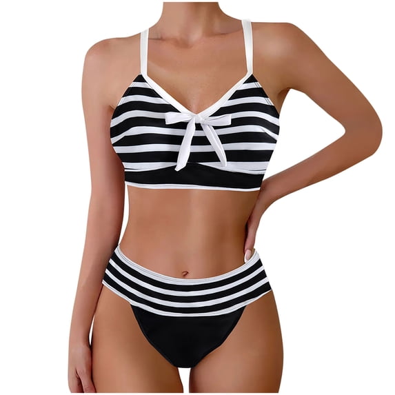 Fewfanhot Women's Stripe Print Bikini Set, V Neck Bow Detail Top & High Waist Bottom Bathing Suit, Two Piece Swimsuit Set