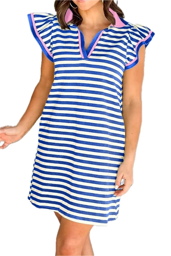 Women's Stripe Print Contrast Collar Split Neckline Flutter Sleeve Dress 65% polyester; 30% cotton; 5% elastane everyday