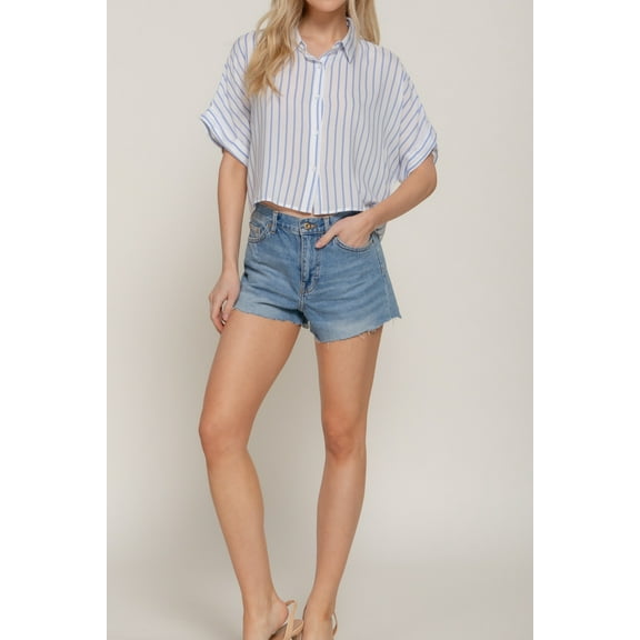 Women's Stripe Printed Dolman Short Sleeve Woven Shirt