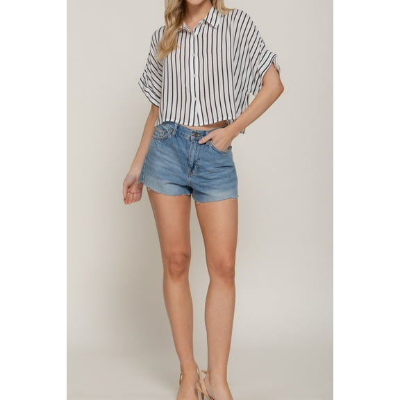 Women's Stripe Printed Dolman Short Sleeve Woven Shirt