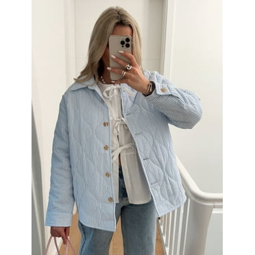Women's Stripe Puffer Jacket Lightweight Long Sleeve Buttons Quilted Coat Fall Winter Warm Padded Jacket