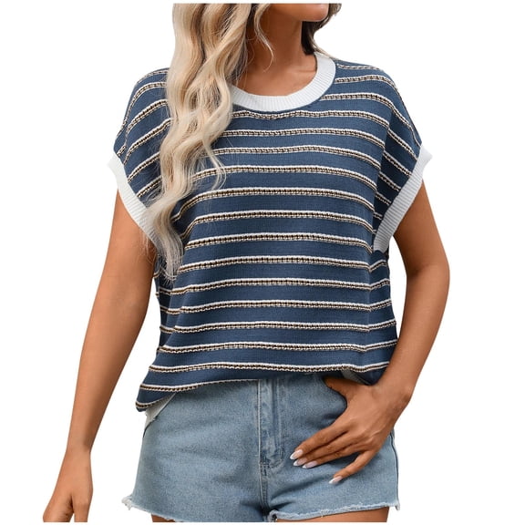 Women's Stripe Round Neck Short Sleeve Blouse Casual Summer Top Breton Classic Navy White Stripe Relaxed Fit French Inspired T-Shirt Style Cotton Tee