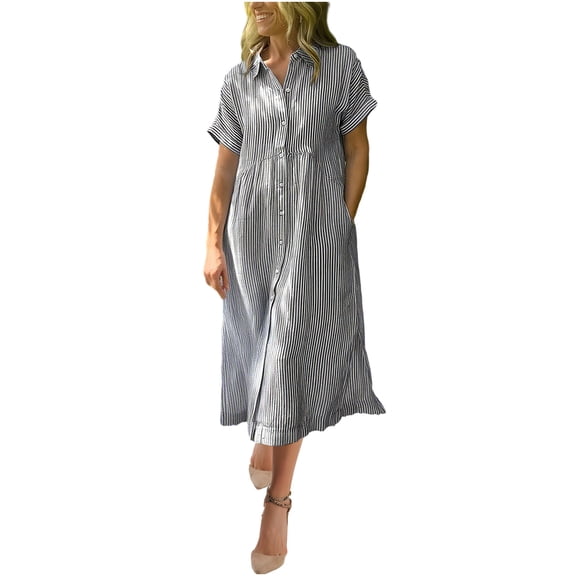 Women's Stripe Shirt Dress Short Sleeve Lapel Collar Button Down Midi Dress with Pockets Gray 5XL