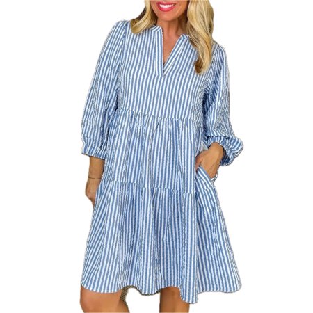 Women's Stripe Tiered Shift Dress with Pockets Fifty Percent Polyester and Fifty Percent Cotton Fabric Easy care