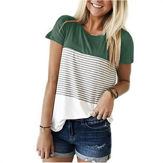 Women's Stripe Tops Lady Fashion Three-color Stitching Short Sleeve Clothes O-Neck T-Shirt