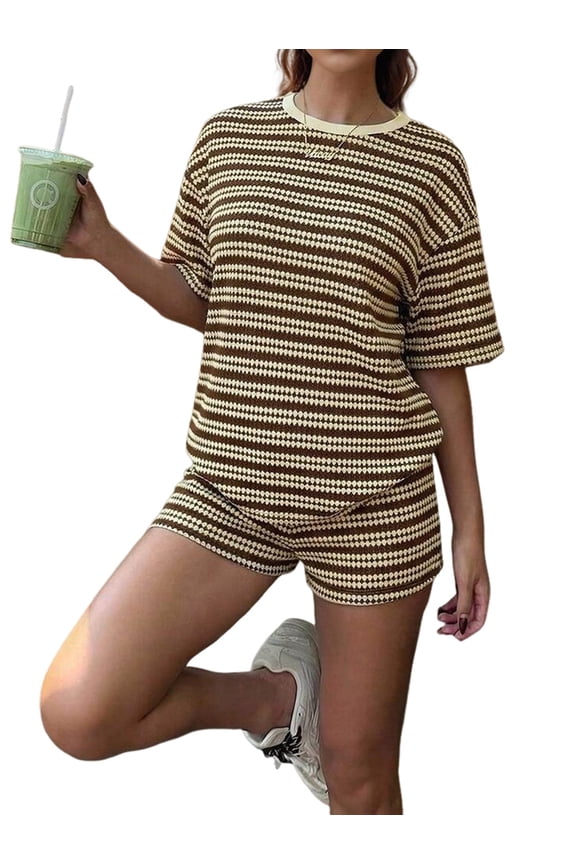 Women's Striped 2 Piece Outfits Casual Short Sleeve Shirt Tops Knit Shorts Sets Workout Tracksuits Khaki XL