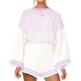 thumbnail image 1 of Women' s Striped 2 Piece Outfits Crewneck Knit Pullover Sweater Shorts Set Wide Leg Matching Set Loungewear, 1 of 6